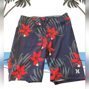 Hurley Navy and Red Floral Swim Trunks